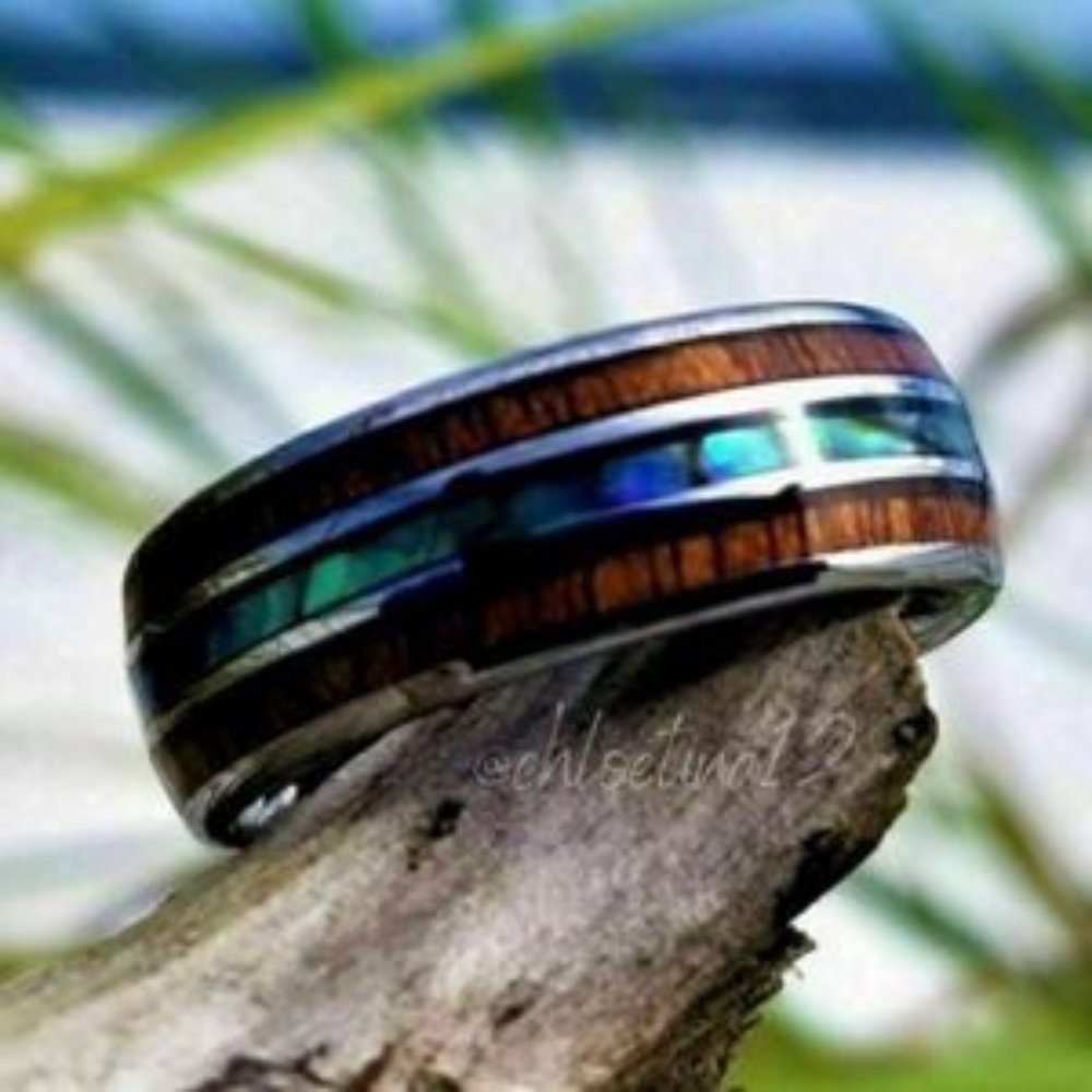 - New Unisex Tungsten Hawaiian Koa Wood Abalone Ring - Picture 4 of 6